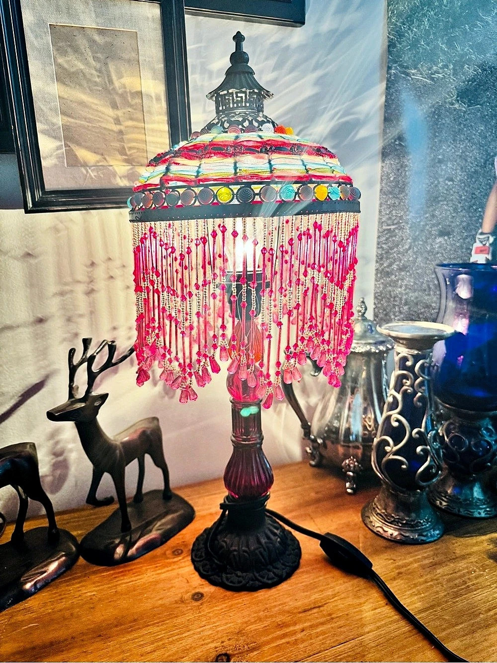 Vintage Moroccan Beaded Fringe Table Lamp in Pink & Multicolor hand made